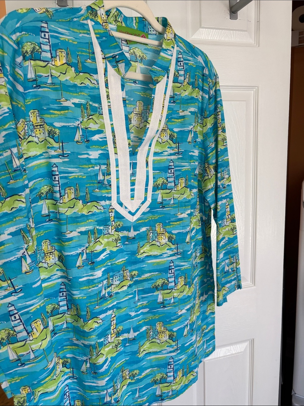 Island Republic Turquoise & Green Coastal Print Tunic Blouse with White Trim